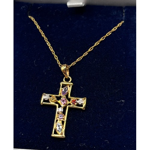 7 - 9ct yellow gold and gem stone cross pendant. fitted with diamonds, amethyst and citrine stones. Come... 