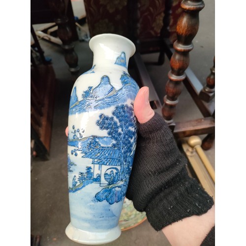 124 - Chinese blue and white landscape design vase together with a Chinese hand painted bowl- both as foun... 