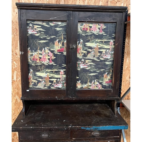 136 - 19th century kitchen press unit made from stained pine. Fitted with two glass door section top showi... 