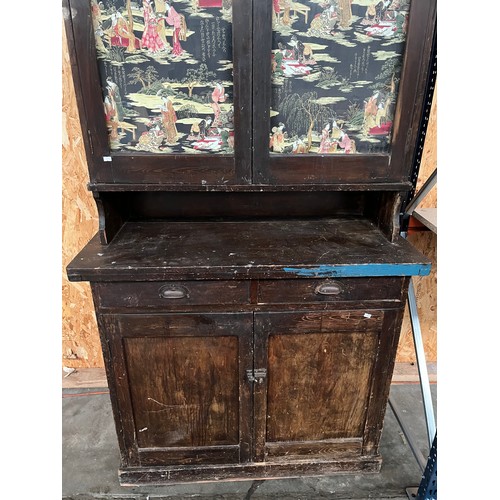 136 - 19th century kitchen press unit made from stained pine. Fitted with two glass door section top showi... 