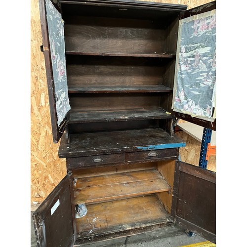 136 - 19th century kitchen press unit made from stained pine. Fitted with two glass door section top showi... 