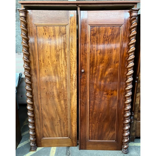 162 - 19th century burr walnut wardrobe, the two long doors opening to interior storage, flanked by barley... 