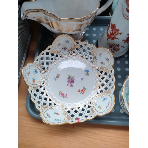 213 - A Tray of porcelain to include cross sword marking porcelain vase , dishes etc