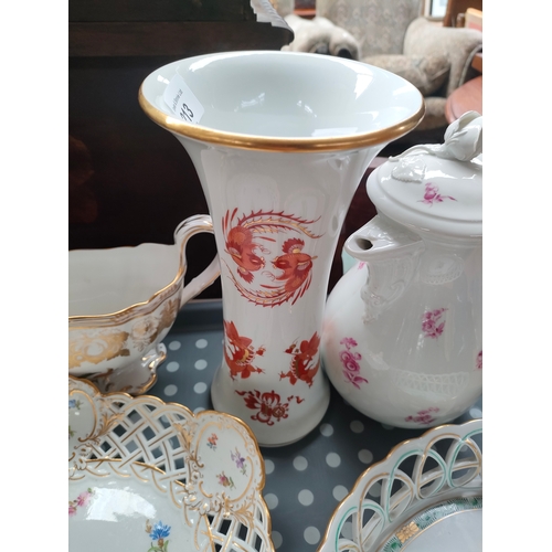 213 - A Tray of porcelain to include cross sword marking porcelain vase , dishes etc