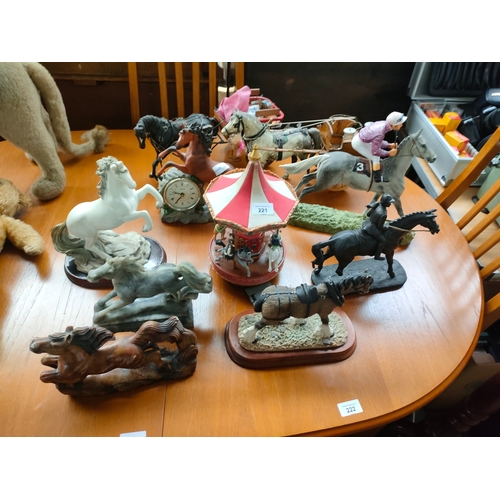 221 - A Collection of horses to include jockey and horse sculpture by David Geenty etc