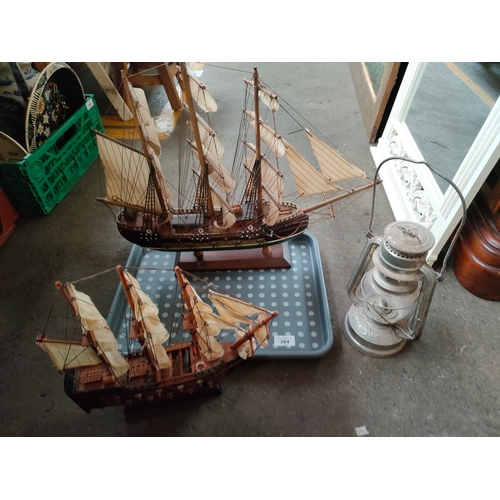 264 - 2 ship models together with storm lamp