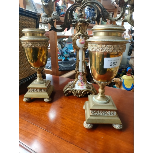 267 - Pair of 19th century brass and porcelain candle stick together with pair of urn brass vases