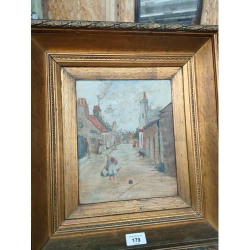 179 - Antique oil painting depicting farming scene & town lane scene together with other