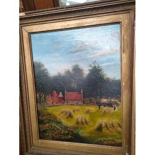 179 - Antique oil painting depicting farming scene & town lane scene together with other