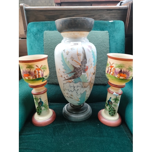 289 - Large Victorian glass hand painted bird scene vase together with a pair of Victorian glass vases