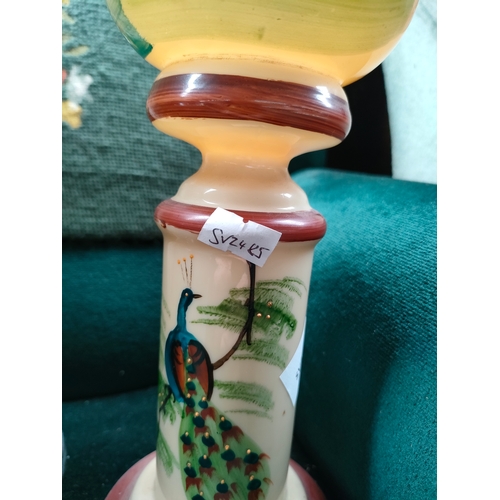 289 - Large Victorian glass hand painted bird scene vase together with a pair of Victorian glass vases