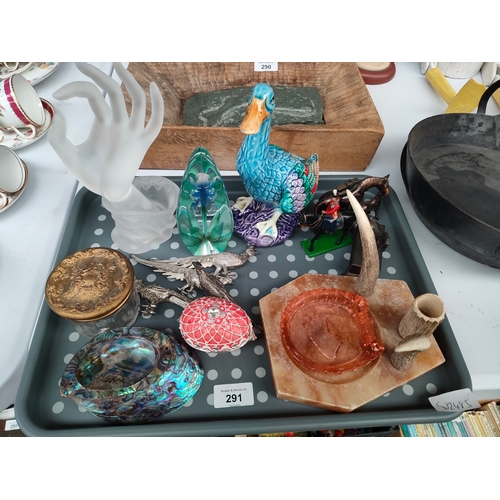 291 - A Tray of collectables includes horse lighter, arts and craft antler desk stand etc