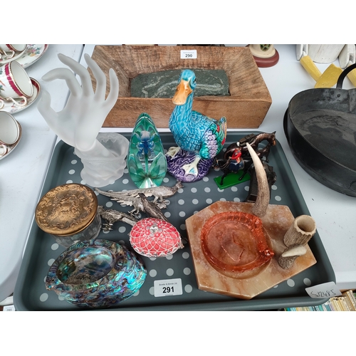 291 - A Tray of collectables includes horse lighter, arts and craft antler desk stand etc