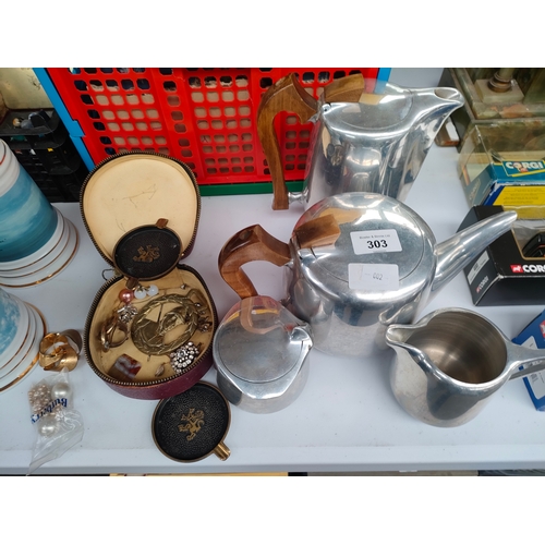 303 - 4 piece piquot ware tea service together with box of interesting items