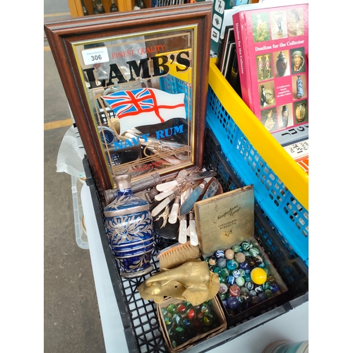 306 - Box of interesting items includes marbles , silver over laid vase , lamb pub mirror etc