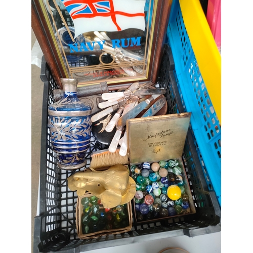 306 - Box of interesting items includes marbles , silver over laid vase , lamb pub mirror etc