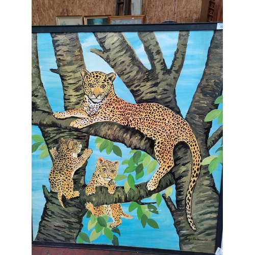 329 - Large oil painting depicting cheetah family signed together with oil painting boat on canal bank