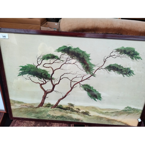 340 - Large Oriental silk together with picture depicting countryside scene