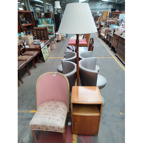 344 - Lloyd loom chair , standard floor light together with bedside cabinet