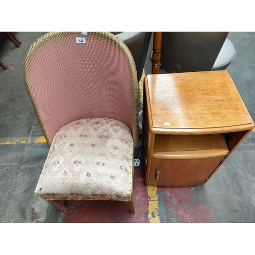 344 - Lloyd loom chair , standard floor light together with bedside cabinet