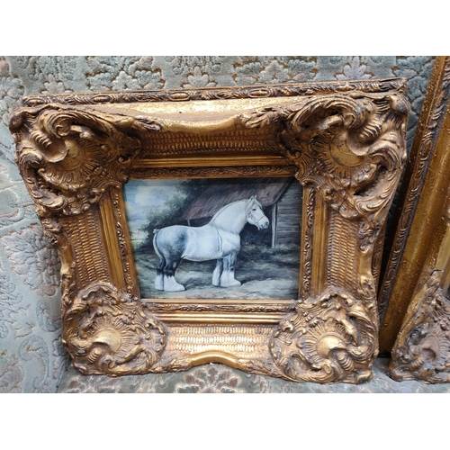 355 - 3 horse scene pictures fitted in heavy gilt framing