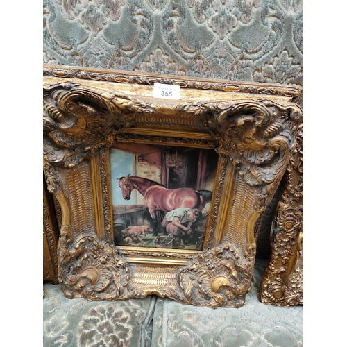 355 - 3 horse scene pictures fitted in heavy gilt framing