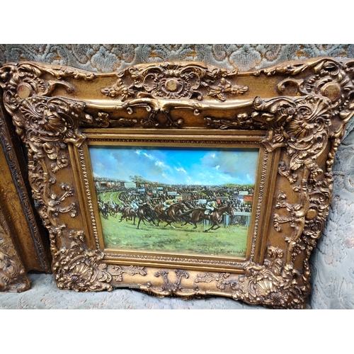 355 - 3 horse scene pictures fitted in heavy gilt framing