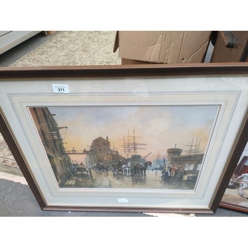 371 - Large oil painting depicting eastern scene together with harbour scene print