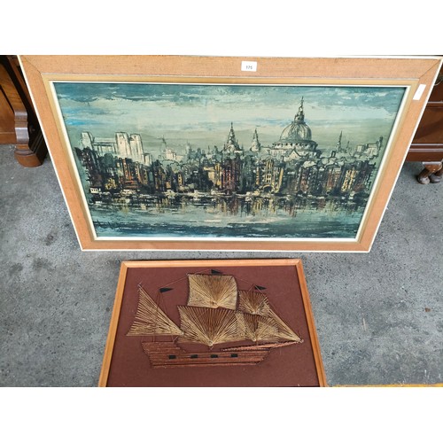 175 - Mid century ship art picture together with large print depicting river town scene set in mid century... 