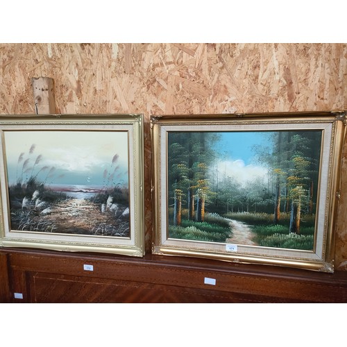 171 - 2 oil painting s depicting coastal scene and forest scene