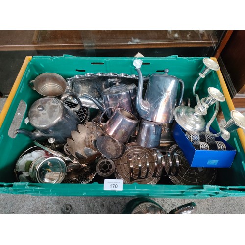 170 - Large box of silver plated wares includes candle stick , warming pot etc