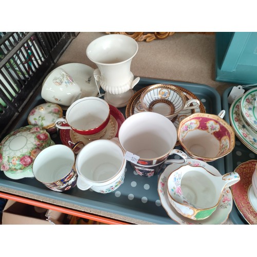 155 - 2 Trays of collectables to include royal crown derby cup, crescent cup and saucer etc