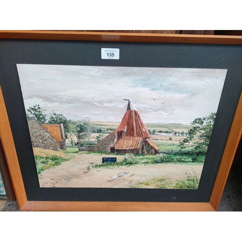 135 - Large oil painting depicting river countryside scene signed T steel along with other