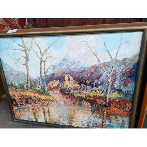 135 - Large oil painting depicting river countryside scene signed T steel along with other