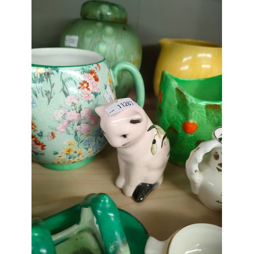 91 - A Shelf of collectables includes Griselda hill Wemyss ware cat, Shelley melody pattern jug etc