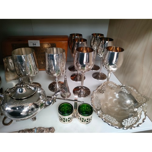 84 - Shelf of collectables to include silver plated ware, studio pottery bowl, M.W Blackmore plaque etc