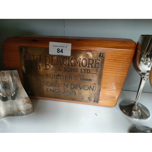 84 - Shelf of collectables to include silver plated ware, studio pottery bowl, M.W Blackmore plaque etc