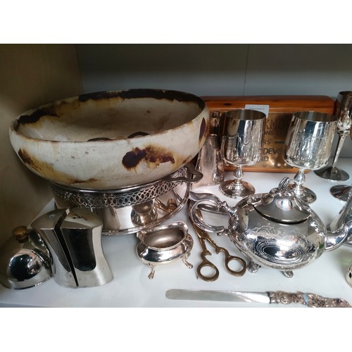 84 - Shelf of collectables to include silver plated ware, studio pottery bowl, M.W Blackmore plaque etc