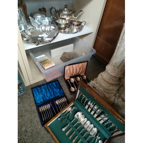 76 - A Large collection of silver plated wares includes cutlery sets, tea service and Picquot ware.