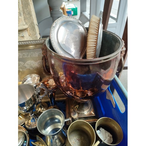 67 - A Box of Silver plated/ brass wares to include eastern tray and silver hand mirror etc