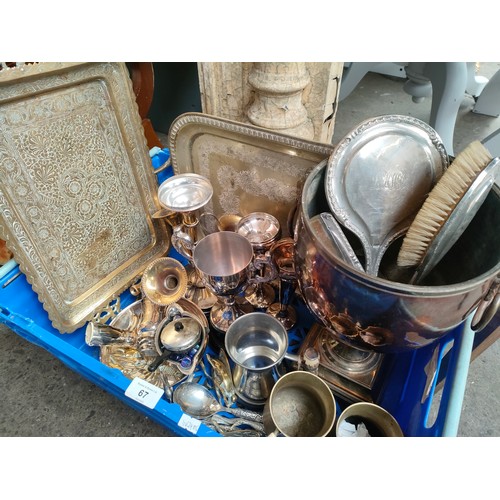 67 - A Box of Silver plated/ brass wares to include eastern tray and silver hand mirror etc