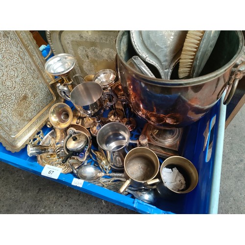 67 - A Box of Silver plated/ brass wares to include eastern tray and silver hand mirror etc