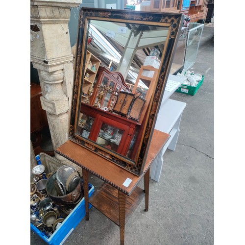 66 - 1930s oak table along with a Chinese lacquered framed mirror.