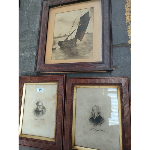 379 - 1900s boat with sails water colour signed E.GC rp together with pair of 19th century portraits