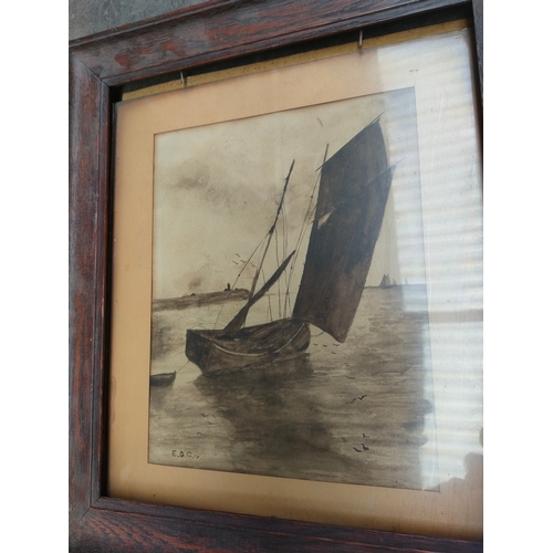 379 - 1900s boat with sails water colour signed E.GC rp together with pair of 19th century portraits