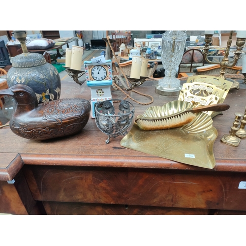 381 - Selection of collectables to include cloisonné table lamp , brass wares etc