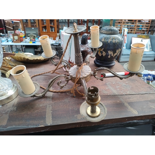 381A - Selection of 1900s brass ceiling lights, 3 way brass light together with crystal lamp