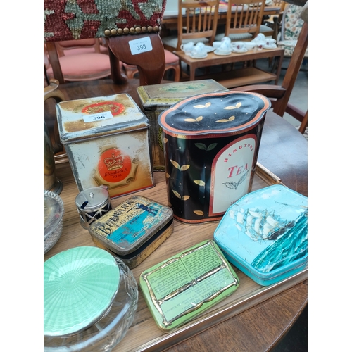 396 - A Tray of collectables includes Victorian oil lamp base, vintage tins etc