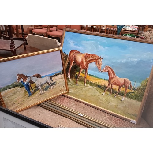 402 - Framed paintings , print and drawing all depicting horses