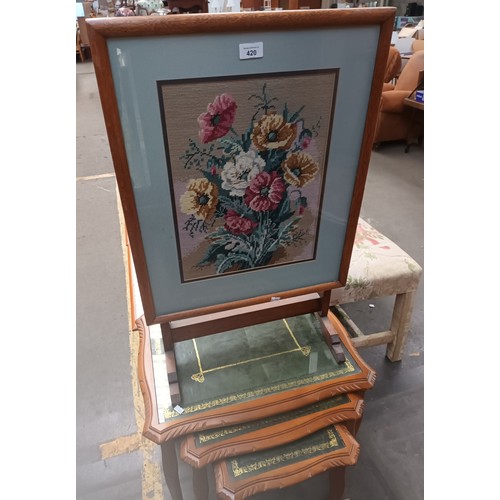 420 - Tapestry fire screen along with leather top nest of tables.